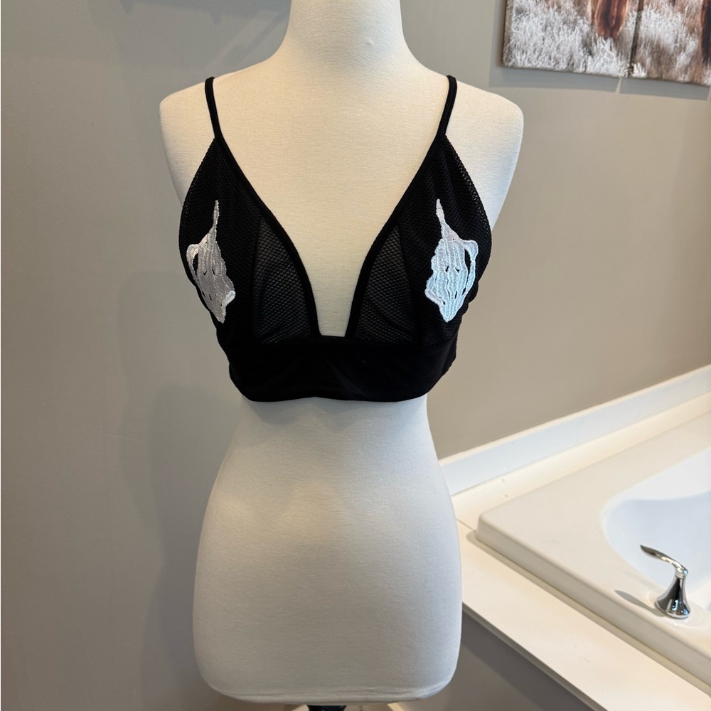 Black Mesh Plunge Bralette with White Embroidered Accent